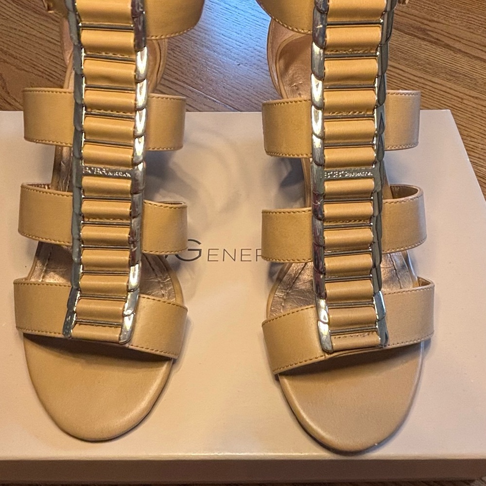BCBGeneration Tan leather and Gold Strappy Sandals
